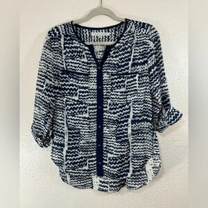 Trina Turk Navy & White Cotton Silk Blend Pullover Blouse Women’s Small
